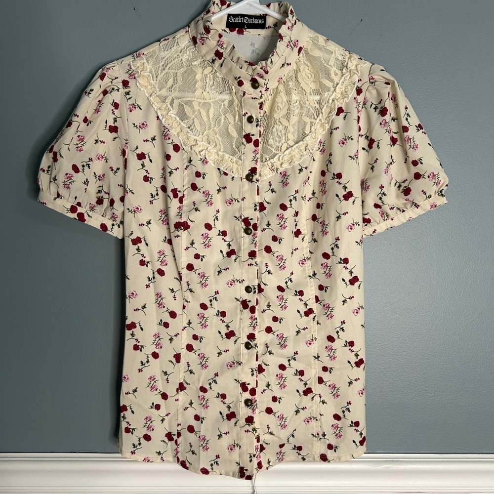 Scarlet Darkness Floral Lace Neck Corset Back Blouse Women's Size L